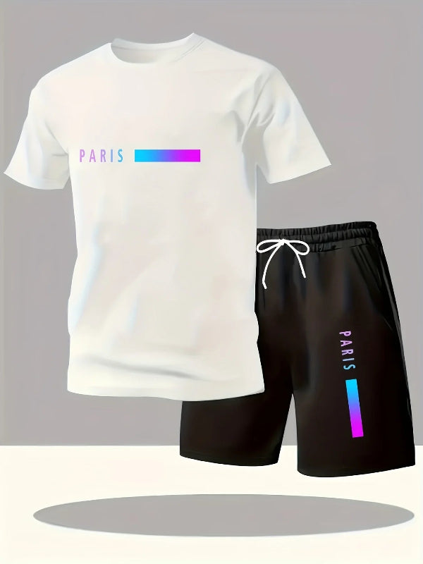 White t-shirt and black shorts with 'PARIS' text on a gray background