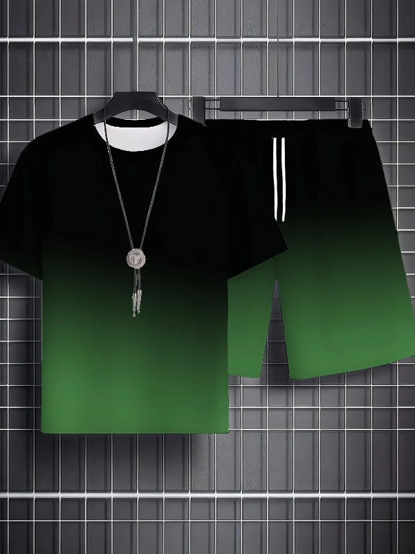 Men's striped print short sleeve shirt and athletic shorts two-piece summer fitness outfit casual matching set 022556