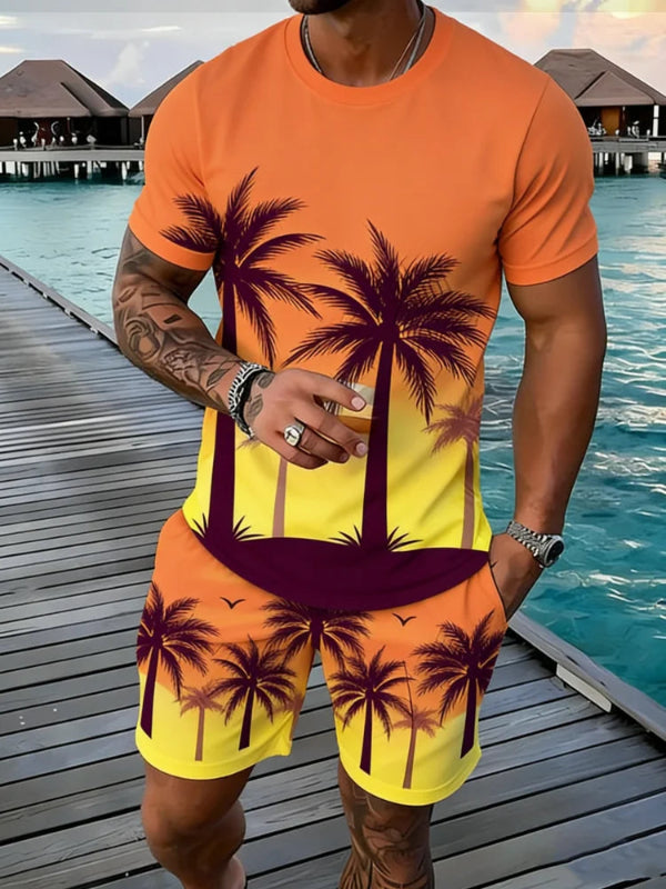 Men's Hawaii style coconut tree print T-shirt and shorts matching two-piece summer vacation outfit 011245
