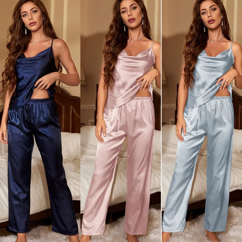 Three different colored satin pajama sets worn by a model in various settings.