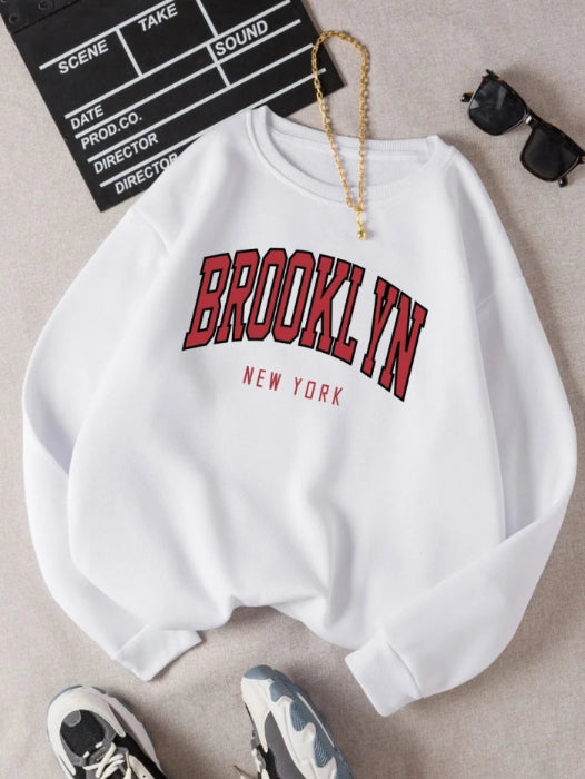 Brooklyn New Work Printed Hoodie Women’s Cotton Colorful Casual Top  - white