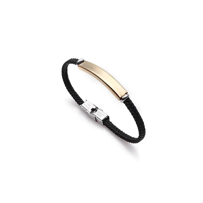Personalized thin leather ID bracelet with custom name plate for men and women – stainless steel, punk-style accessory. gold color 2