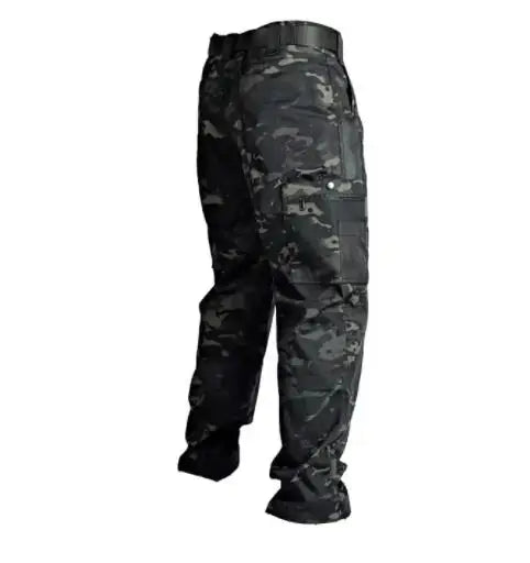 Black camouflage tactical pants on a white background