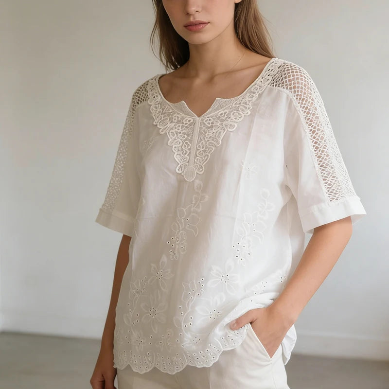 Woman wearing a white blouse with lace details against a plain background