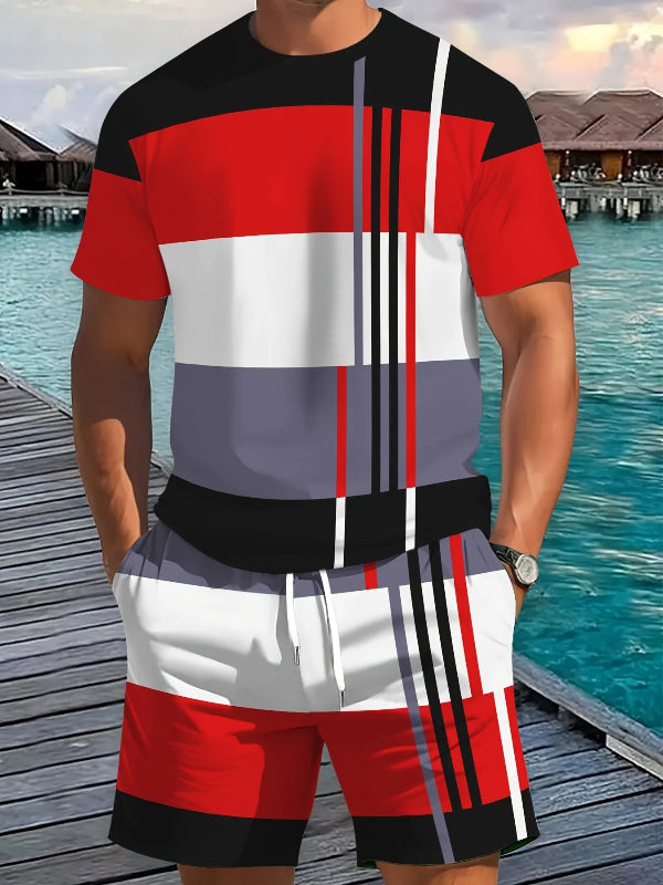 Men's striped print short sleeve shirt and athletic shorts two-piece summer fitness outfit casual matching set  25698