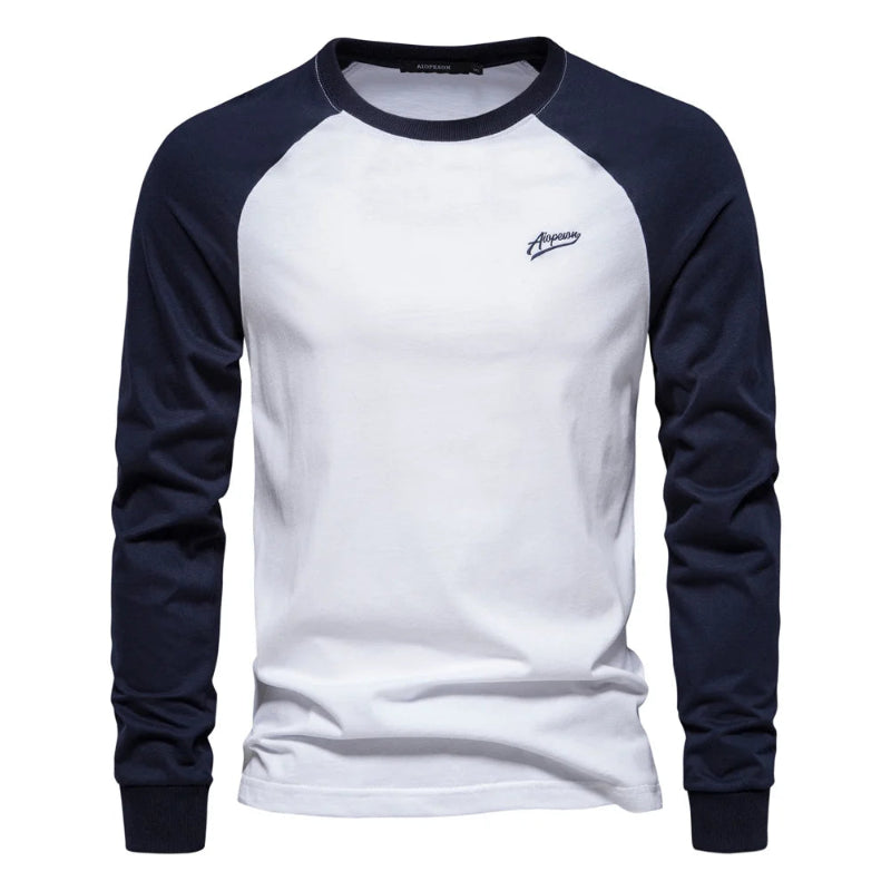 AIOPESON men's 100% cotton long sleeve patchwork casual t-shirt - white and blue
