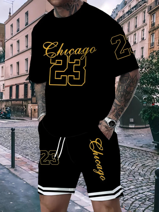 Person wearing a black 'Chicago 23' t-shirt and shorts set on a city street.