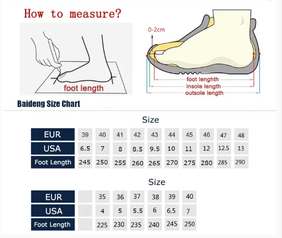A foot measurement guide and size chart showing how to measure foot length with labeled diagrams of a foot and a side-view illustration, 