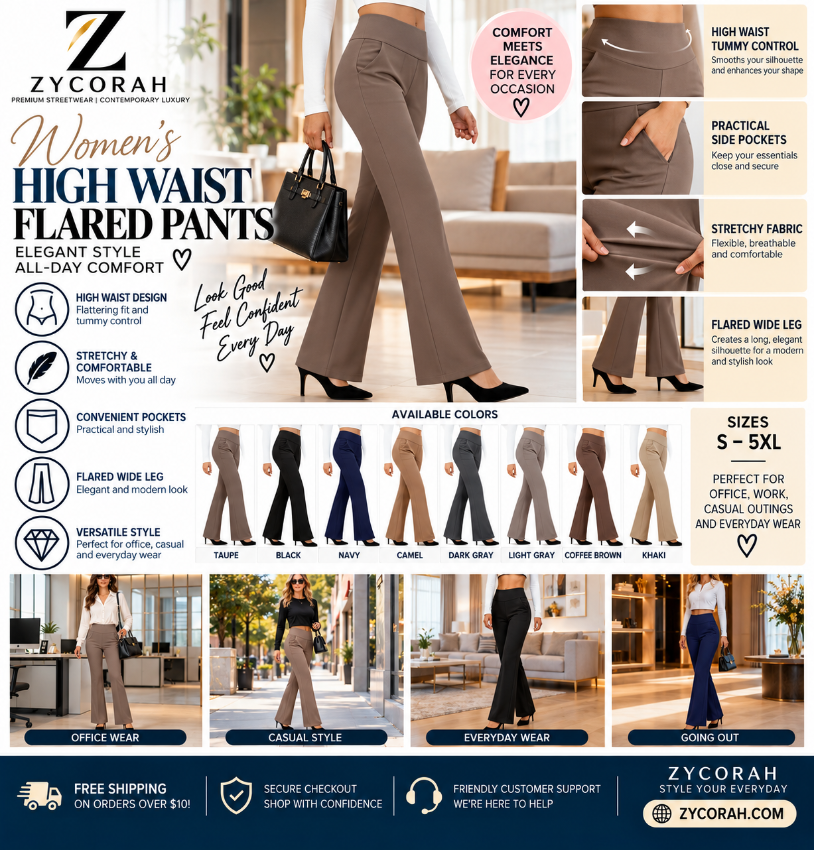 A promotional catalog graphic for Zycorah Women's High Waist Flared Pants, showing multiple color options, fit and styling details, and usage scenarios. The layout features a large model wearing a brown pair of flared pants on the left, and a row of smaller color swatches across the middle and bottom.