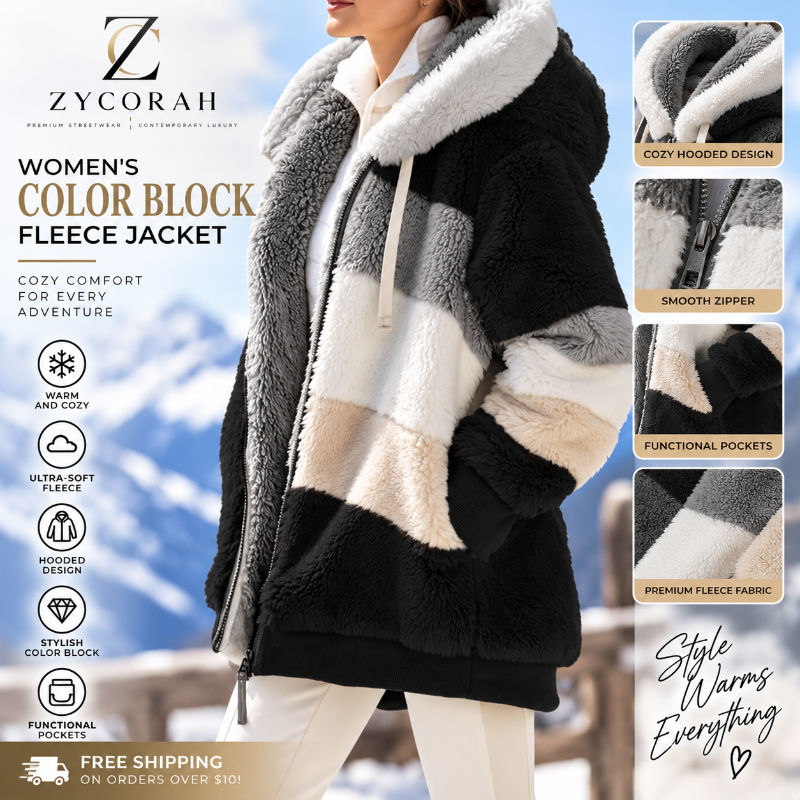 A woman wearing a Zycorah women's color block fleece jacket with a black, cream, and gray color-blocked design. The image includes feature callout icons on the left and detail inset images on the right showing the hood, zipper, pockets, and fleece fabric.