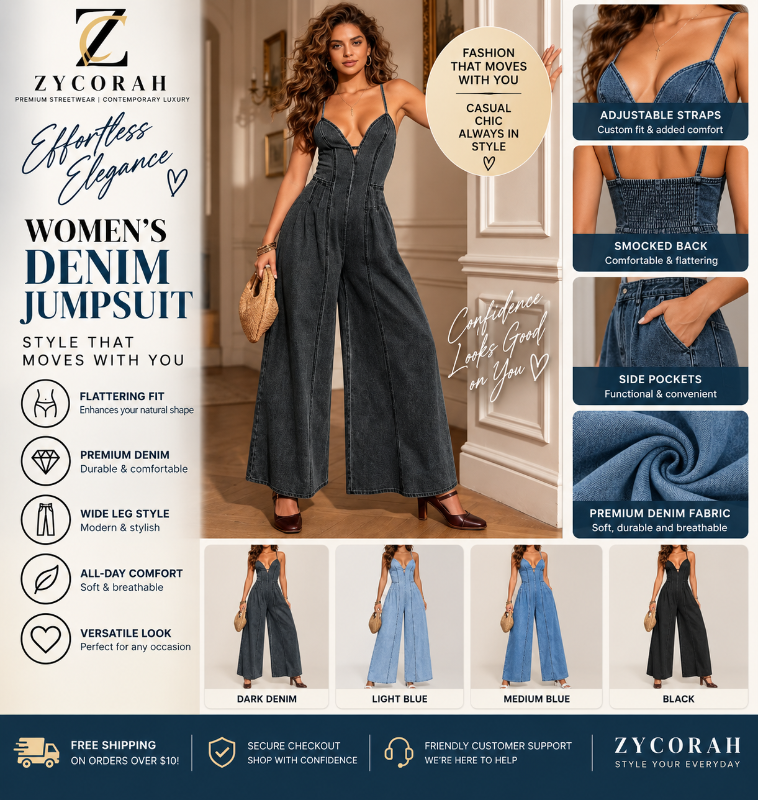 A promotional collage for the ZYCORAH Women's Denim Jumpsuit, featuring a large model photo in a dark denim version, plus four smaller colorway thumbnails (Dark Denim, Light Blue, Medium Blue, Black) and feature callouts on a white background.