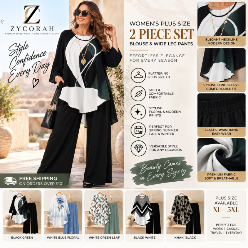 A promotional collage for a women's plus-size 2-piece set by ZYCORAH, featuring a model wearing a white and black blouse with wide-leg black pants. The graphic includes product feature callouts, fabric close-ups, color options, and shipping information.