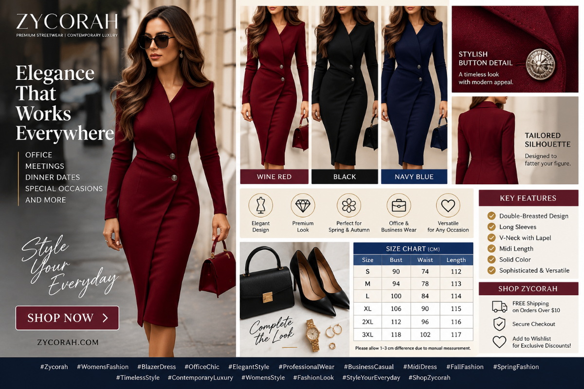 A promotional collage for ZYCORAH women's dresses, featuring a model wearing a burgundy wrap-style midi dress on the left, and multiple color options (wine red, black, navy blue) shown in a grid on the right. The collage includes product details, a size chart, key features, and a shopping button.