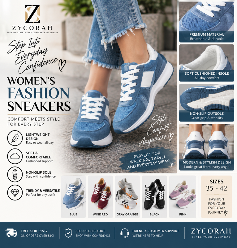 A promotional collage for ZYCORAH women's fashion sneakers, featuring a model wearing blue low-top sneakers outdoors, with inset close-ups of the shoe details and rows of color options at the bottom.
