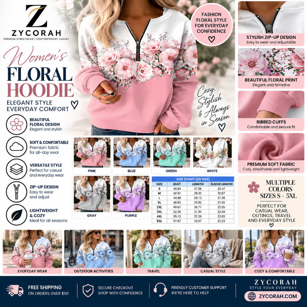 A promotional catalog graphic for Zycorah Women's Floral Hoodie, featuring a large front view of a model wearing a pink floral hoodie, a size chart table, color swatches, and feature callouts on a white background.