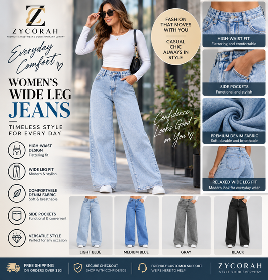 A promotional infographic for ZYCORAH women's wide-leg jeans, featuring a model wearing light blue jeans in an outdoor setting, alongside feature callouts, fabric close-ups, and color options including light blue, medium blue, gray, and black.