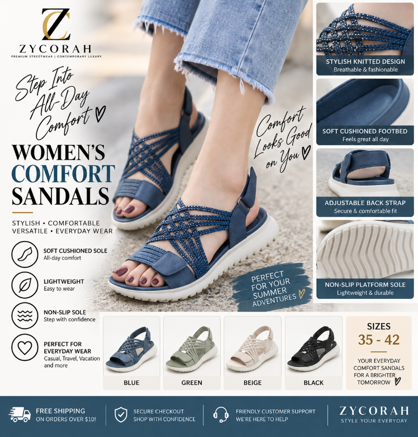 A promotional collage for ZYCORAH women's comfort sandals, showing a model wearing a blue sandal outdoors. The graphic includes feature callouts, color options (blue, green, beige, black), sizing information, and shipping/customer service details.