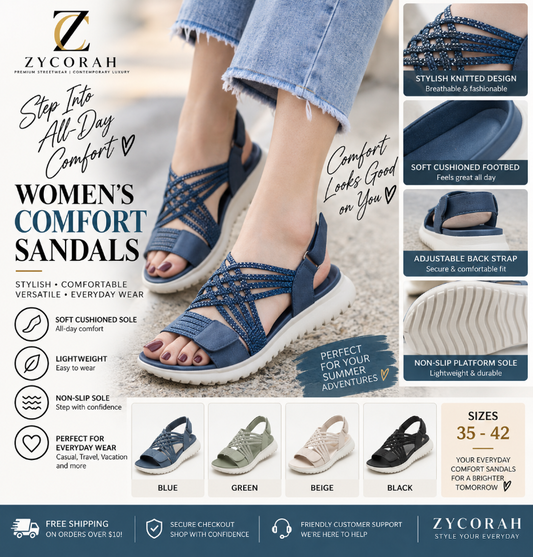 A promotional collage for ZYCORAH women's comfort sandals, showing a model wearing a blue sandal outdoors. The graphic includes feature callouts, color options (blue, green, beige, black), sizing information, and shipping/customer service details.
