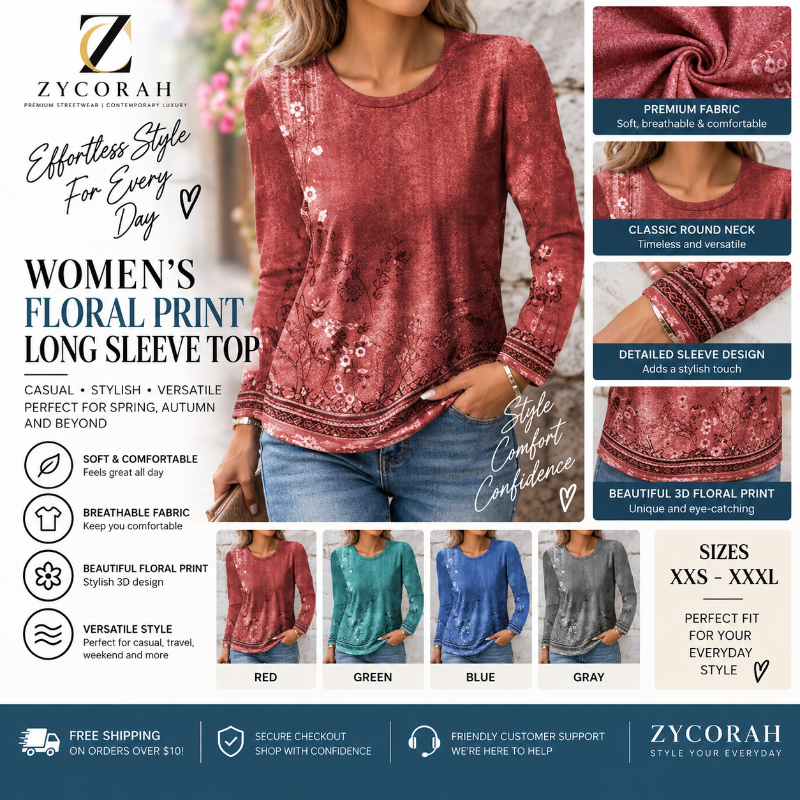 A promotional graphic for a ZYCORAH women's floral long sleeve top, featuring a model wearing a dusty rose pink top with a white floral print. The graphic includes feature callouts, fabric close-ups, color options (Red, Green, Blue, Gray), and a footer with shipping and support information.
