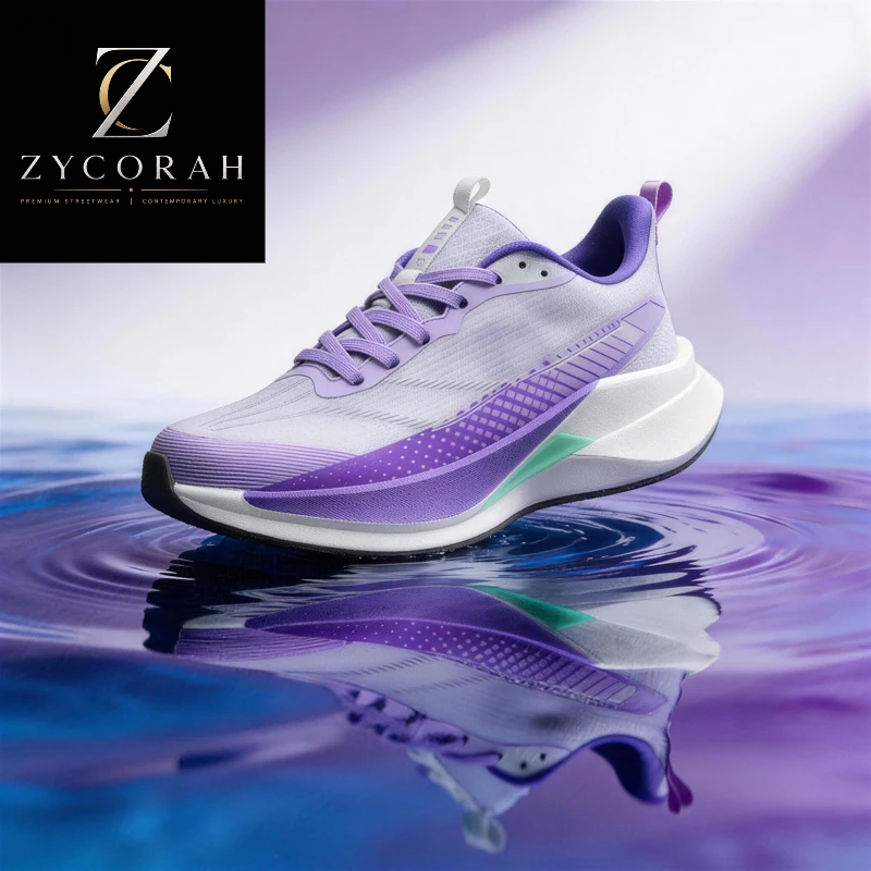 A single athletic sneaker in white and purple with a green accent, floating above rippling water with its reflection below. A black brand panel in the top-left corner reads ZYCORAH.