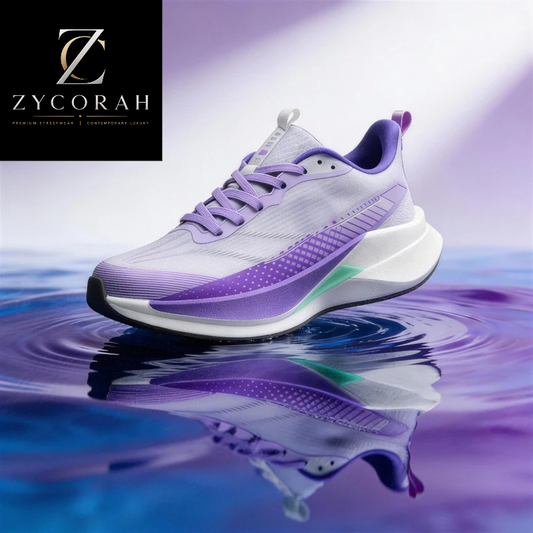 A single athletic sneaker in white and purple with a green accent, floating above rippling water with its reflection below. A black brand panel in the top-left corner reads ZYCORAH.