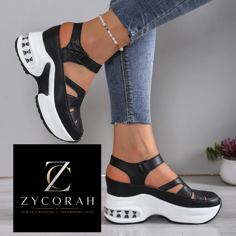 A pair of black and white platform cut-sole sandals shown on a model's feet, with blue jeans visible and a Zycorah brand logo overlay in the bottom left corner.