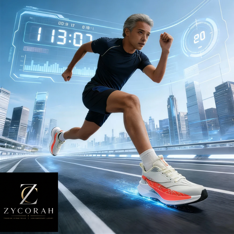 A man in athletic wear running on a futuristic city street with a glowing blue ZYCORAH logo in the lower-left corner. The main product appears to be the running shoe, shown in white with bright coral-orange accents and a blue glow effect around the sole.