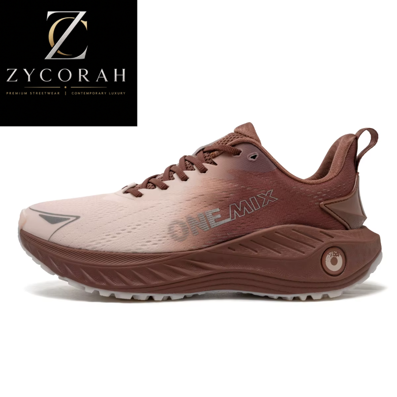 A ZYCORAH brand running shoe in a brown and beige gradient, shown from a side profile on a white background with a black brand logo overlay in the top-left corner.