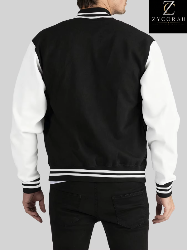 Men's New York varsity baseball jacket with letter print, ribbed collar, and relaxed fit for casual streetwear, available in multiple colors. back