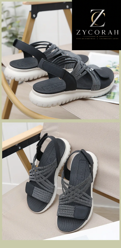 A pair of ZYCORAH men's platform sandals shown in two views: one on a wooden chair and one on a beige chair. The sandals feature a dark gray and black woven upper with a thick white platform sole.