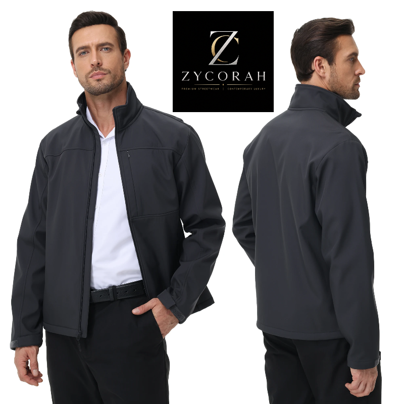 A man modeling a dark gray softshell jacket in two views (front and back) against a white background, with a ZYCORAH brand logo overlay in the top center.
