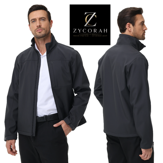 A man modeling a dark gray softshell jacket in two views (front and back) against a white background, with a ZYCORAH brand logo overlay in the top center.