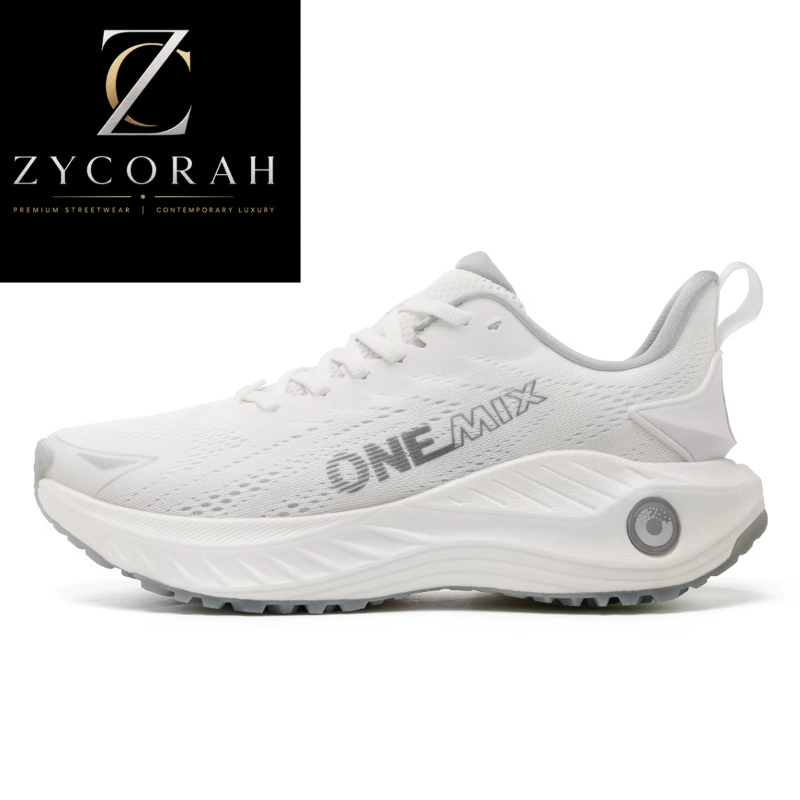 A white athletic sneaker with gray accents and 'ONE-MIX' branding on the side, shown in profile against a white background. A black Zycorah logo banner is in the top-left corner.