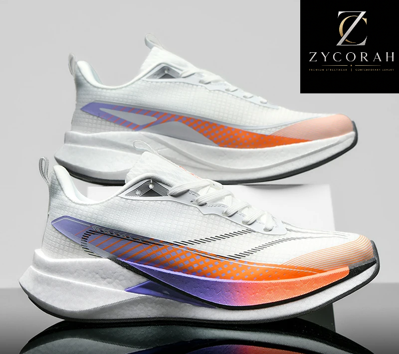 Two white athletic sneakers with purple and orange gradient side stripes, shown on a reflective gray surface with a Zycorah brand logo in the top right and a promotional '50% off' banner at the bottom.
