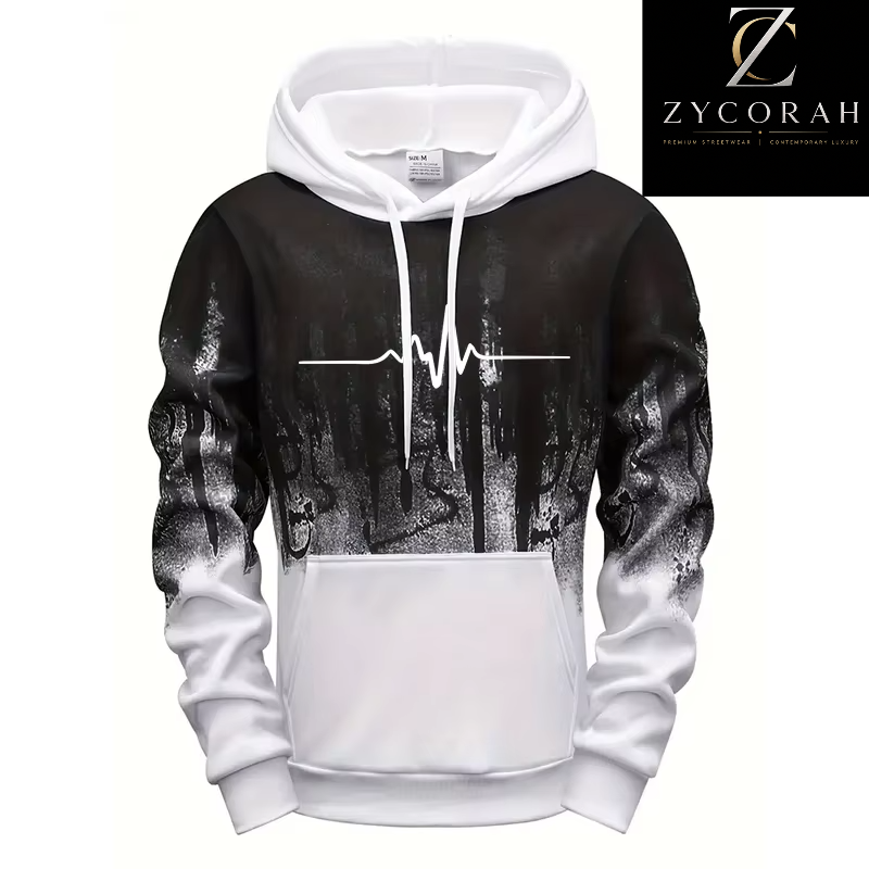 A black and white gradient hoodie with a white graphic of a heartbeat line over a forest scene on the chest, featuring a white hood and a white front kangaroo pocket. The brand name 'Zycorah' is visible in a logo overlay in the top right corner.