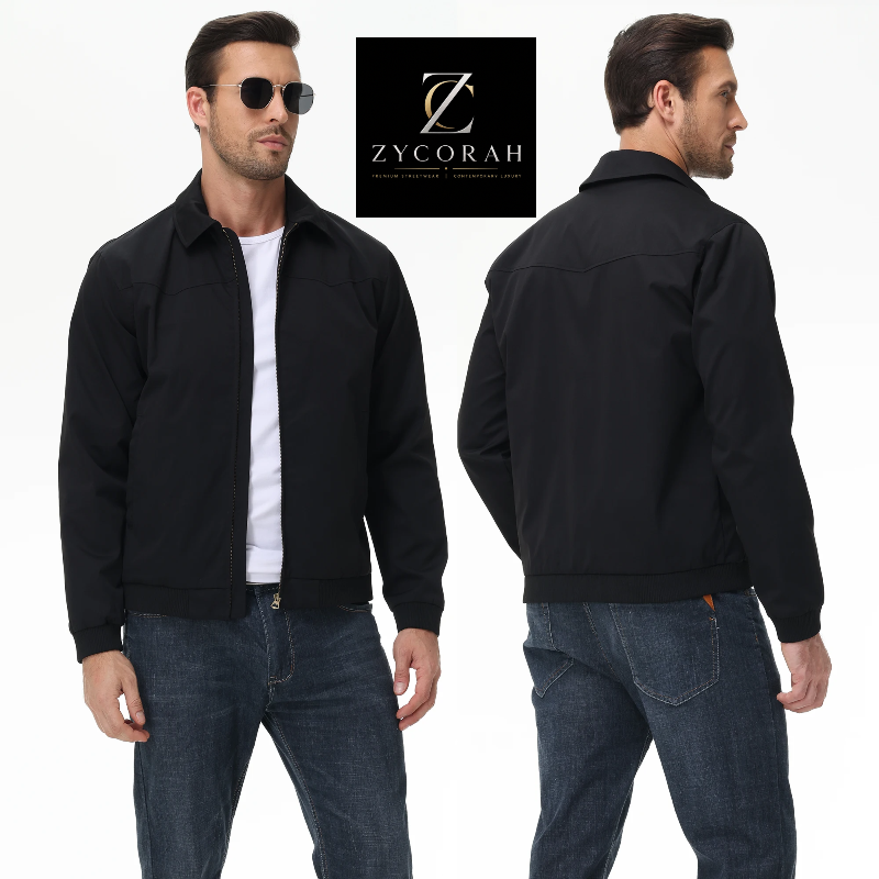 A man modeling a black zip-front jacket from the front and back against a light gray studio background, with a Zycorah logo card shown at the top center.