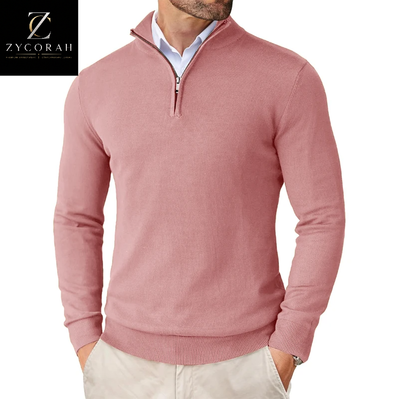 Men's lightweight quarter-zip knit sweater with mock neck, available in black, navy, white, khaki, gray, wine red, pink, and light gray for business casual and everyday wear. pink