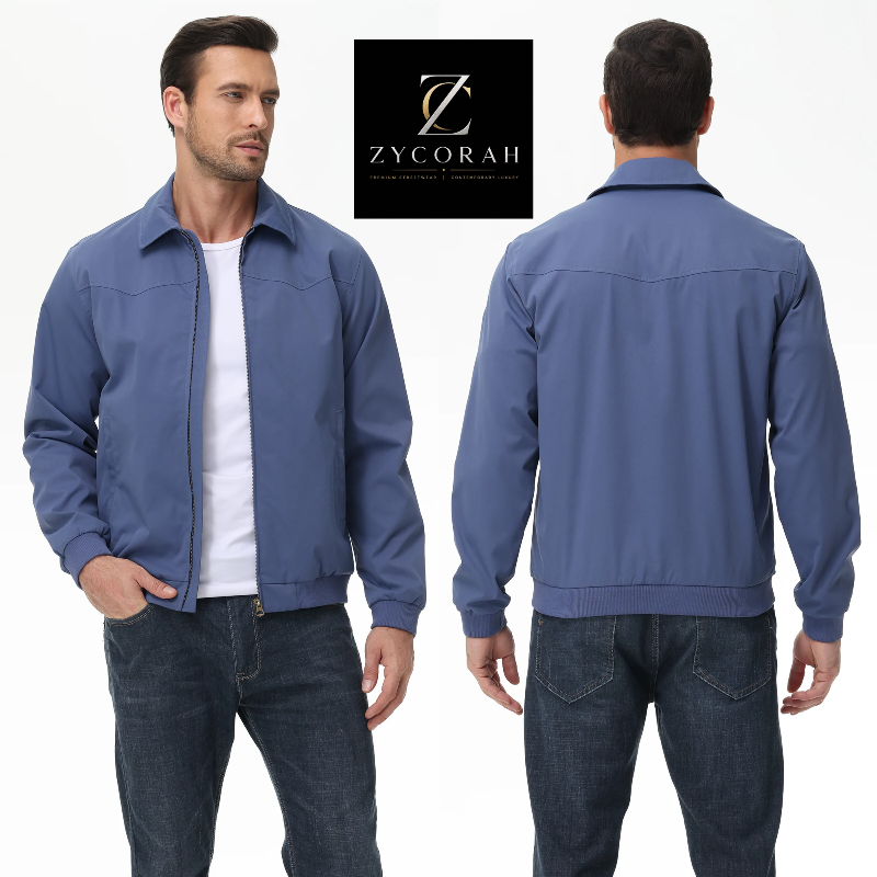 A man modeling a blue zip-front jacket, shown from both front and back views against a light gray studio background. A black square logo overlay in the top center reads ZYCORAH.