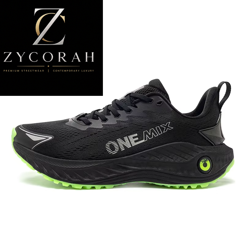 A black Zycorah ONE-MIX running shoe with bright neon green accents on the outsole and heel, shown in a side profile on a white background with a black brand logo overlay in the top-left corner.