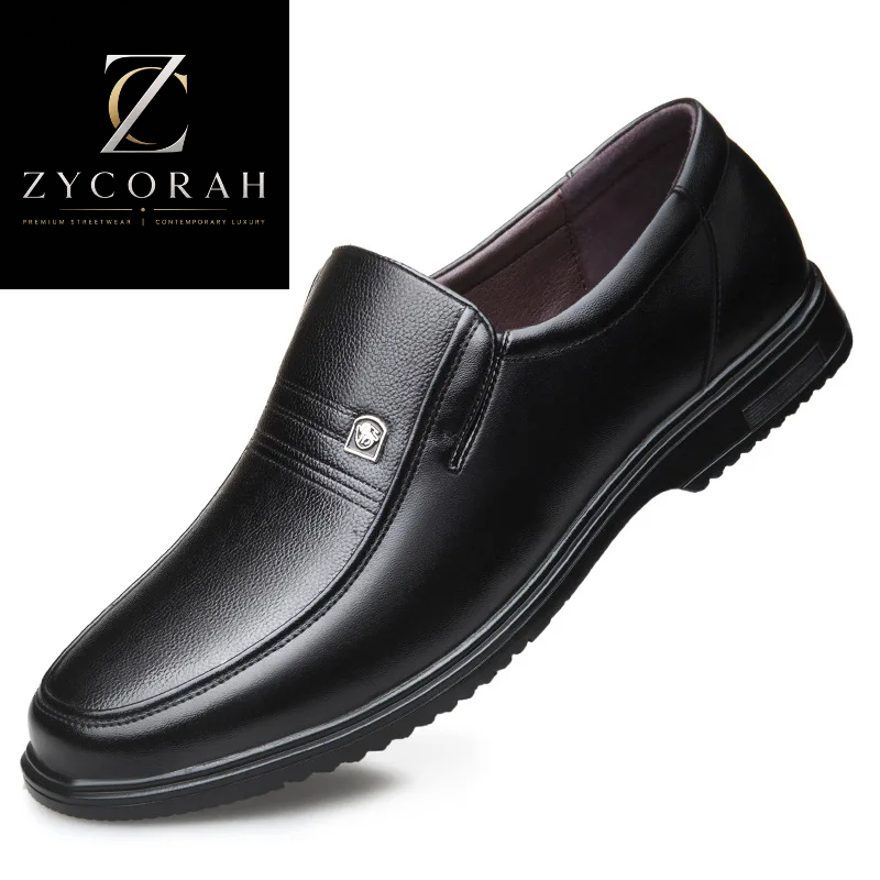 A black leather slip-on dress shoe shown at an angle on a white background, with a black brand panel in the top-left corner reading ZYCORAH.