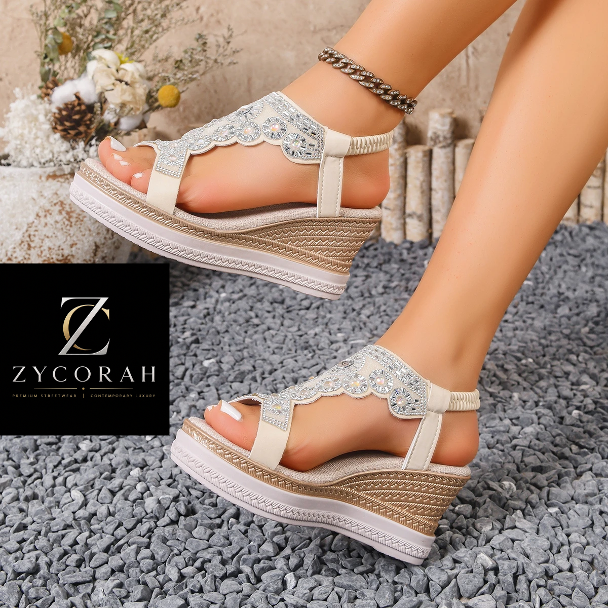 A pair of women's wedge sandals with scalloped embellished straps and braided wedge soles, shown being worn on a model's feet over gray pebbles. A black square logo overlay reads ZYCORAH.