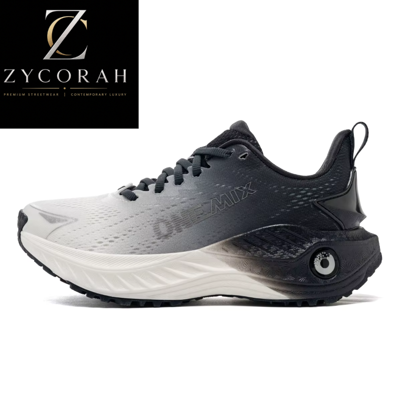 A ZYCORAH running shoe shown in a side profile on a white background, featuring a black and white gradient upper, a thick white midsole, and a black outsole. A black brand logo block for ZYCORAH is visible in the top-left corner.