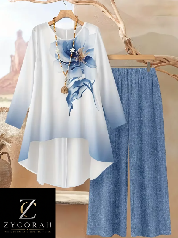 A women's two-piece outfit set featuring a white long-sleeve tunic top with a blue floral print and blue gradient hem, paired with matching blue wide-leg pants. The set is displayed on wooden hangers against a warm desert landscape backdrop with a Zycorah brand logo overlay in the bottom left corner.