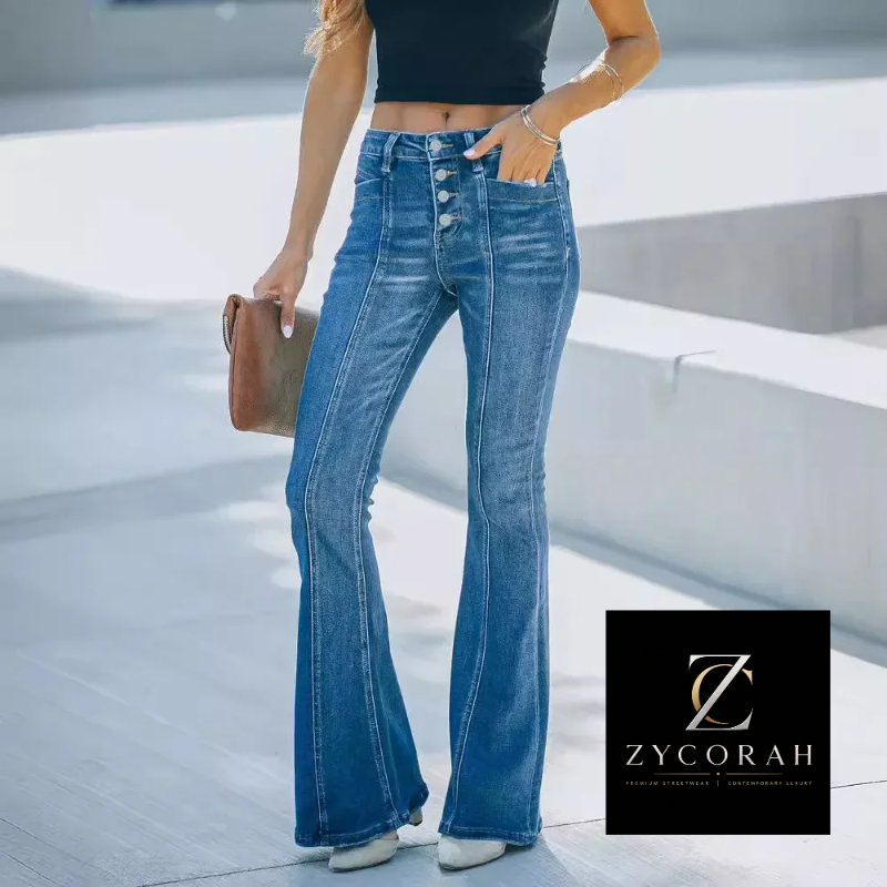 A model wearing high-waisted blue flare jeans with a button fly and contrast stitching, holding a brown clutch bag. The ZYCORAH brand logo is displayed in a black box in the bottom right corner.