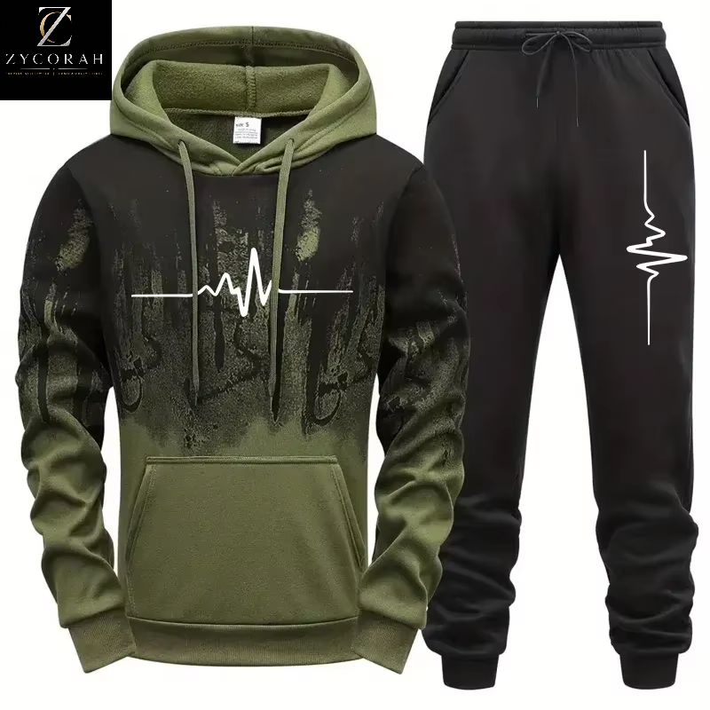 A two-piece men's sweatshirt and jogger set shown on a plain white background. The hoodie is olive green with a black and gray distressed graphic on the upper body and sleeves, featuring a white heartbeat line across the chest.