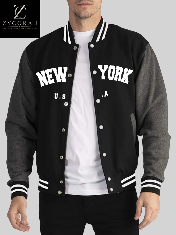 Men's New York varsity baseball jacket with letter print, ribbed collar, and relaxed fit for casual streetwear, available in multiple colors. gray