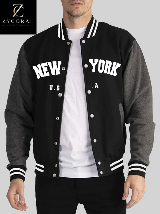 Men's New York varsity baseball jacket with letter print, ribbed collar, and relaxed fit for casual streetwear, available in multiple colors. gray