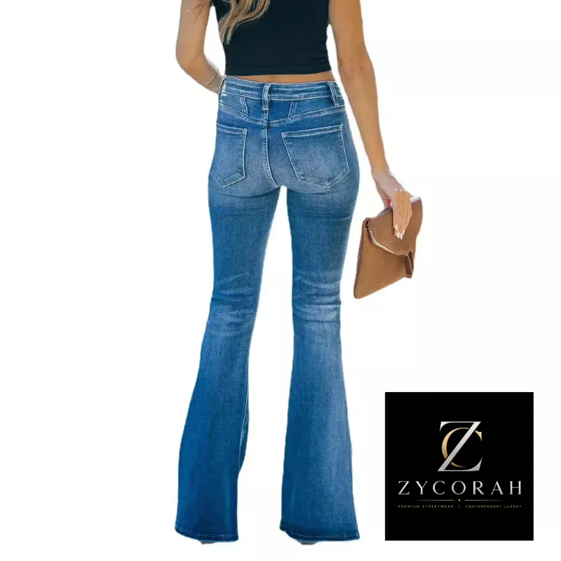 A woman shown from the back wearing blue flare jeans, a black crop top, and holding a brown clutch bag against a white background, with a Zycorah brand logo in the bottom right corner.