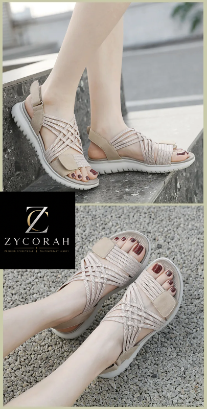 A collage showing a woman wearing beige woven strappy platform sandals in an outdoor setting, with a brand panel reading ZYCORAH. The sandals feature multiple crisscrossing straps, a low platform sole, and a thick textured outsole.