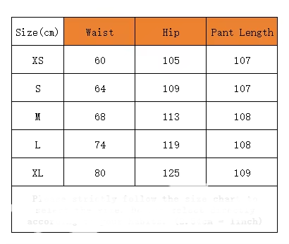 A size chart table with orange header cells and white body cells, showing measurements forXS, S, M, L, and XL in centimeters for waist, hip, and pant length.
